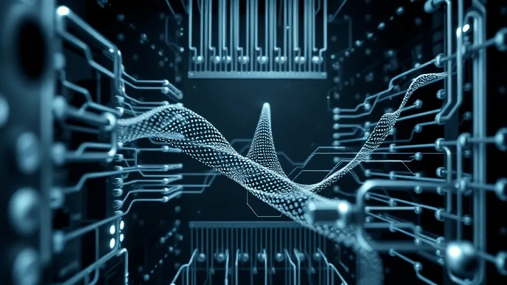 Abstract visual of complex data flowing through a metallic p